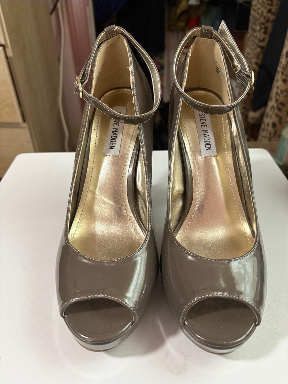 Steve Madden Dalya Patent Peep-Toe Platform Heels with Ankle Strap